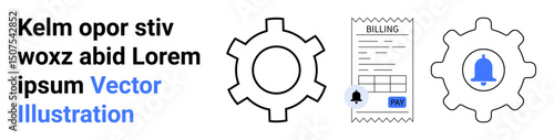 Gear icon, billing invoice, notification bell visualizing system process automation, billing solutions, alerts, business operations, workflow optimization. Ideal for apps, infographics