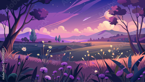 Soft purple hues of dusk gently blanket the tranquil meadow, where wildflowers sway in the evening breeze and a warm, peaceful glow settles over the serene natural landscape.