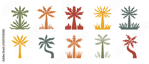 Boho design template, summer palms, tropical art hand drawn palm trees , vacation or travel icon concept, hippie retro elements