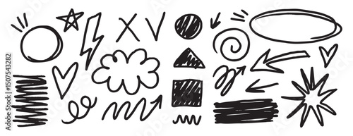 doodle set hand drawn black marker messy lines. Grunge thin lines design elements
