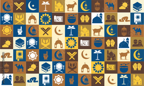 Colorful Eid ul Adha background or cards with Islamic icons, mosque, crescent moon, goat, Kaaba, lantern, Quran, and prayer symbols. Perfect for eid ul adha greeting card, banner, invitation, or post.