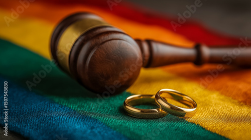Marriage laws and equality for LGBT concept. Wedding rings and wooden judge gavel on LGBT flag.