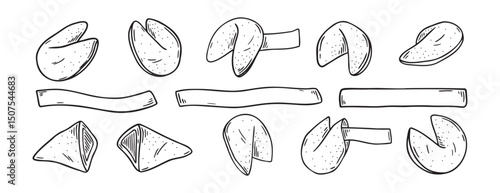 Chinese fortune cookies doodle hand drawn icon set. Outline drawing Chinese fortune cookies line clipart symbol collection