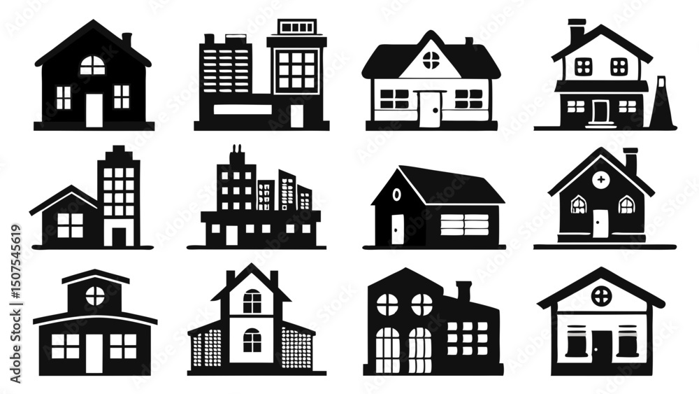 Fototapeta premium Pack Of Black Building And Home Icons In Architectural Style