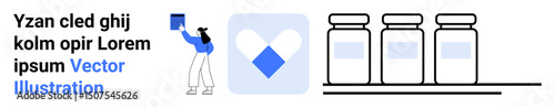 Lab worker handling blue documents, digital heart icon for health themes, and three vials on a shelf. Ideal for healthcare, science, research, medicine, innovation, analytics simple landing page