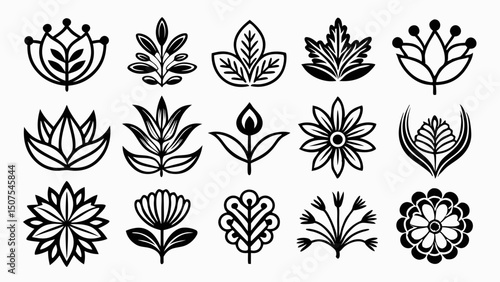 Set Of Elegant Black And White Floral Vector Icons