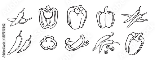 red hot chili peppers and bell peppers doodle hand drawn icon set. Outline drawing red hot chili peppers and bell peppers line clipart symbol collection