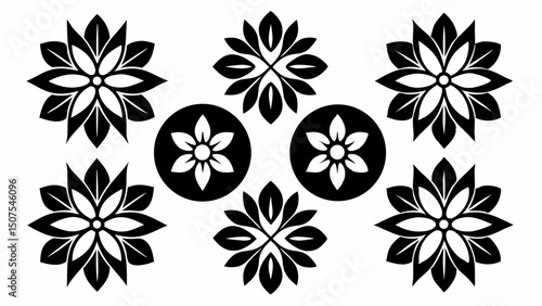 Twelve Black And White Floral Icons Delicately Designed