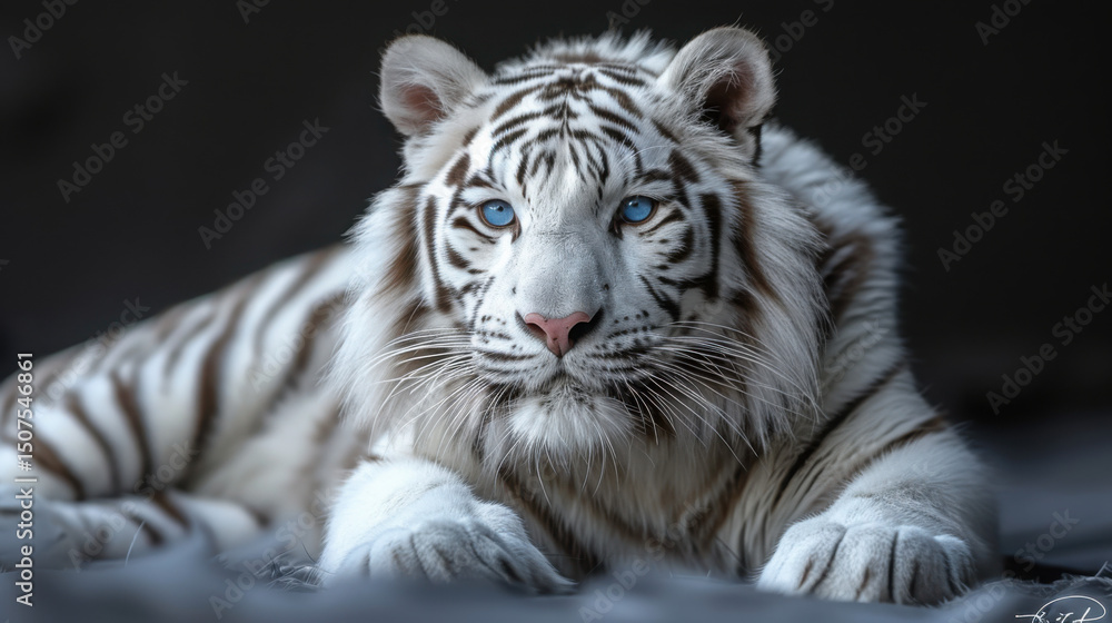 Fototapeta premium White tiger with blue eyes , laying down taking professional photo.