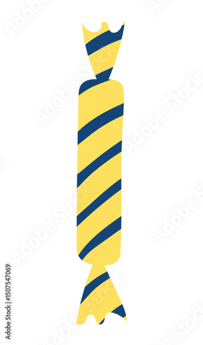 Candy, sweet in wrapper with stripes hand drawn illustration, isolated vector on transparent. Flat style design. Birthday celebration, festival, carnival, party, anniversary clip art, element