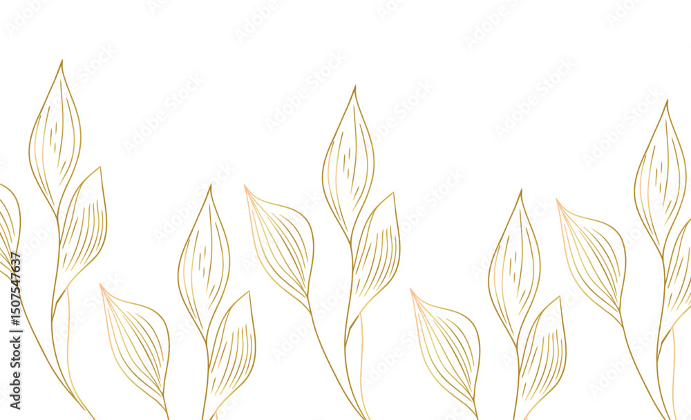 Gold line leaf art vector pattern background. Art deco plant texture and elegant japanese graphic design. Organic exotic drawing and boho flora garden vector illustration