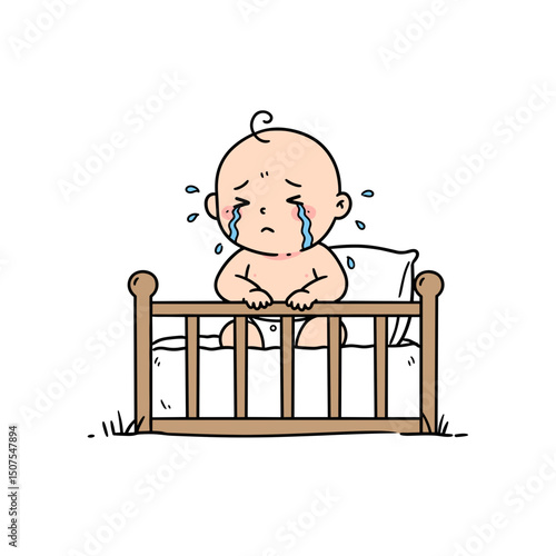 Baby crying alone in a crib with a sad expression