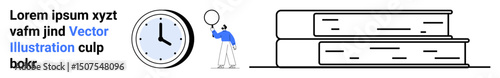 Stack of books, a clock indicating time, and a person using a magnifying glass to closely examine. Ideal for education, research, analysis, time management, study, knowledge simple landing page