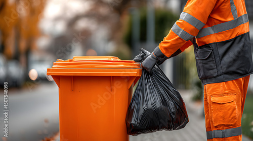 Garbage Collector Placing Black Bag into Orange Bin – Ultra-Realistic Close-Up on Street
