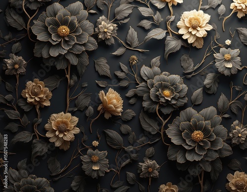 Elaborate charcoal floral pattern wallpaper with intricate details, shading effects. Luxury seamless design. Dark elegant damask fabric texture. Perfect for home decor, print, textile, fashion