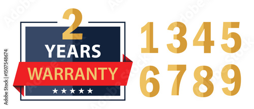 A premium two years warranty seal and numbers for product quality assurance and extended protection plans, ensuring customer peace of mind, service, security, reliable purchase