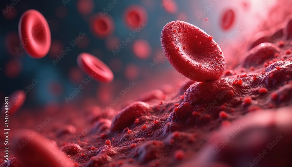 Fototapeta premium Vibrant close-up illustration of red blood cells flowing in bloodstream. Cellular activity within human body. Health concept. Medical visuals. Anatomy, biology. Ideal for scientific tech, health,