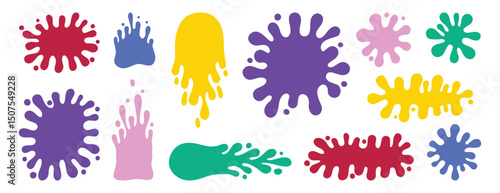 Round ink splatter flat collection. Paint splash shapes colorful set. decorative shapes liquids. Grunge splashes and in groovy cartoon style