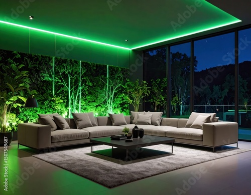 Modern living room with green LED lighting and a wall of greenery