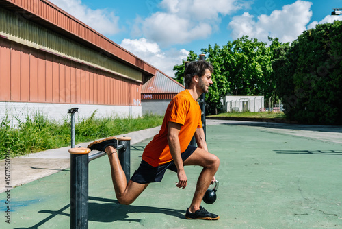 Sportsman doing bulgarian split squat with kettlebell in calisthenics park