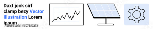 Line graph showcasing data growth, solar panel for renewable energy, and gear representing system or process. Ideal for technology, energy, analytics, innovation, development, optimization simple