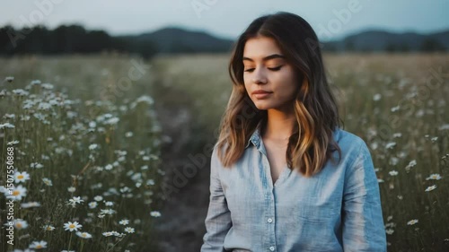 Peaceful Cinematic Scene of a Young Woman in a Blooming Meadow