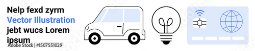 Small car profile, glowing light bulb, and globe with network card overlay. Ideal for technology, mobility, innovation, sustainability, idea generation, communication simple landing page
