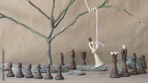 chess piece white king hanging on noose among black chess pieces