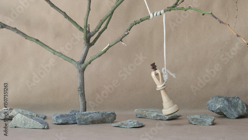 chess piece white king hanging on noose among stones