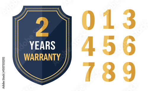 2-year warranty shield emblem and gold number set for premium product labeling, symbolizing product longevity, customer trust, and reliable service for diverse items
