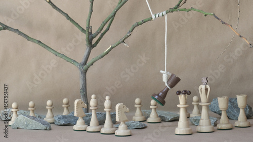 chess piece black rook hanging on noose among white chess pieces