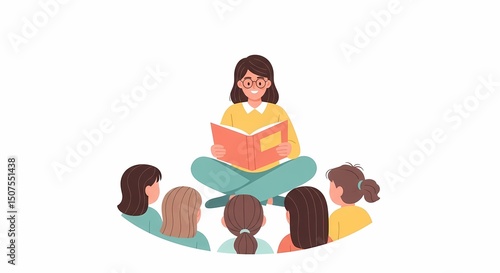 Woman Reading Book to Group of Children Storytelling Illustration
