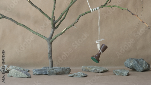chess piece black rook hanging on a noose among stones