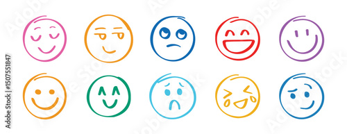 Human emotions smiley doodle hand drawn set. Funny hand drawn faces abstract collection. Cute expression, angry or sad comic communication