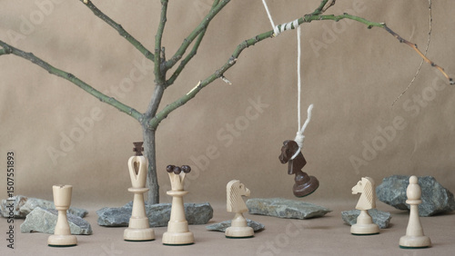 chess piece black knight hanging on noose among white chess pieces