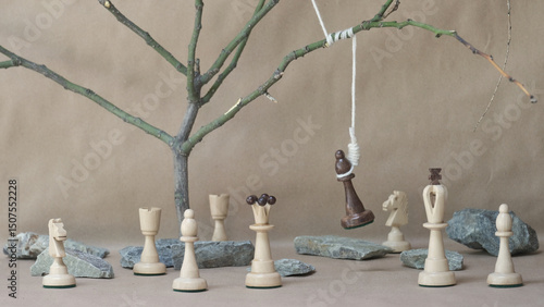 chess piece black bishop hanging on noose among white chess pieces