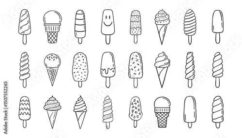  ice cream doodle hand drawn icon set. Outline drawing ice cream line clipart symbol collection