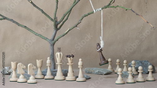 chess piece black bishop hanging on noose among white chess pieces