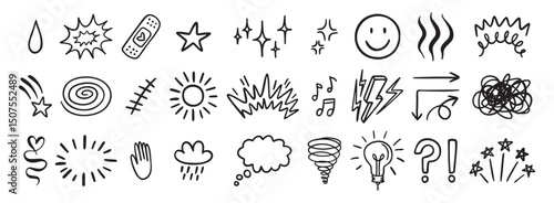 Comic funny effect icon set, anime doodle elements collection. Retro anime movement, exclamation and emphasis expressions. Doodle emotion of character in comic style
