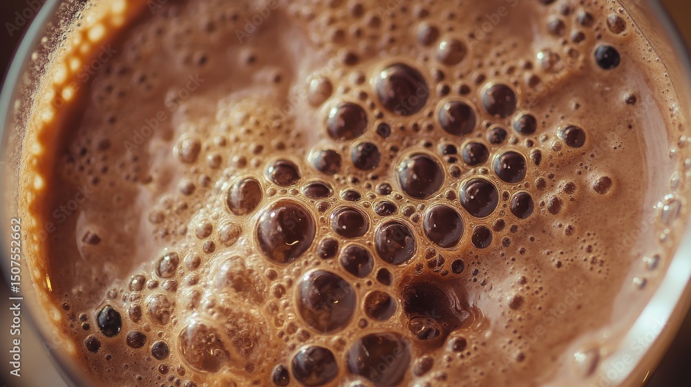 Chocolate protein shake with frothy bubbles Chocolate protein shake with frothy bubbles