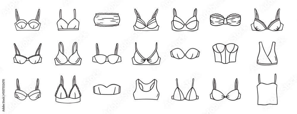 Obraz premium Lingerie fashion feminine lacy woman underwear bra icon doodle hand drawn. Outline line drawing clipart symbol
