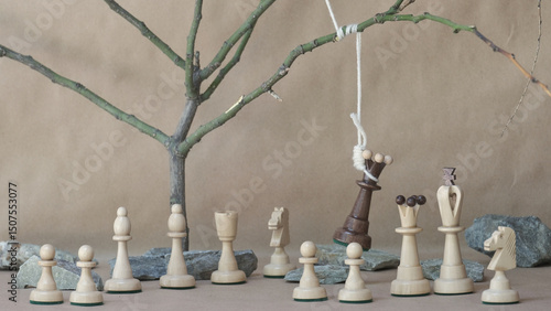 chess piece black queen hanging on noose among white chess pieces