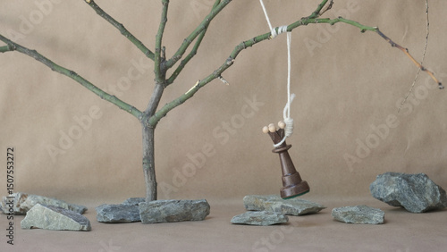 chess piece black queen hanging on noose among stones