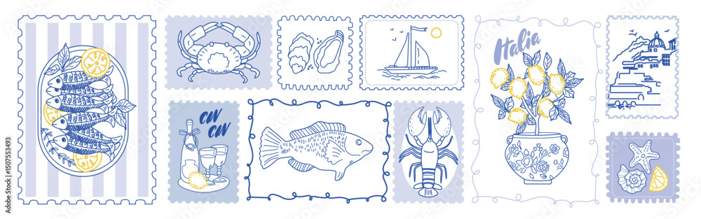 Naklejka premium Summer stamp from Italy with lemon and Amalfi beach. Vintage postcard style vector illustration. Retro travel design with sea, lobster and coastal vacation theme.