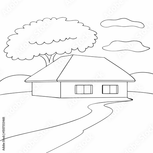Village house coloring page simple and minimal line art illustration on white background