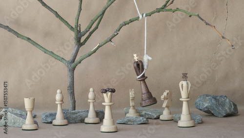 chess piece black king hanging on noose among white chess pieces