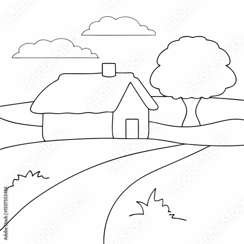Village house coloring page simple and minimal line art illustration on white background