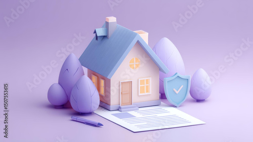 Colorful house model with blue roof, surrounded by purple trees, symbolizes home insurance