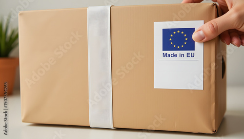 Hand Placing Sticker on Cardboard Box Indoors 