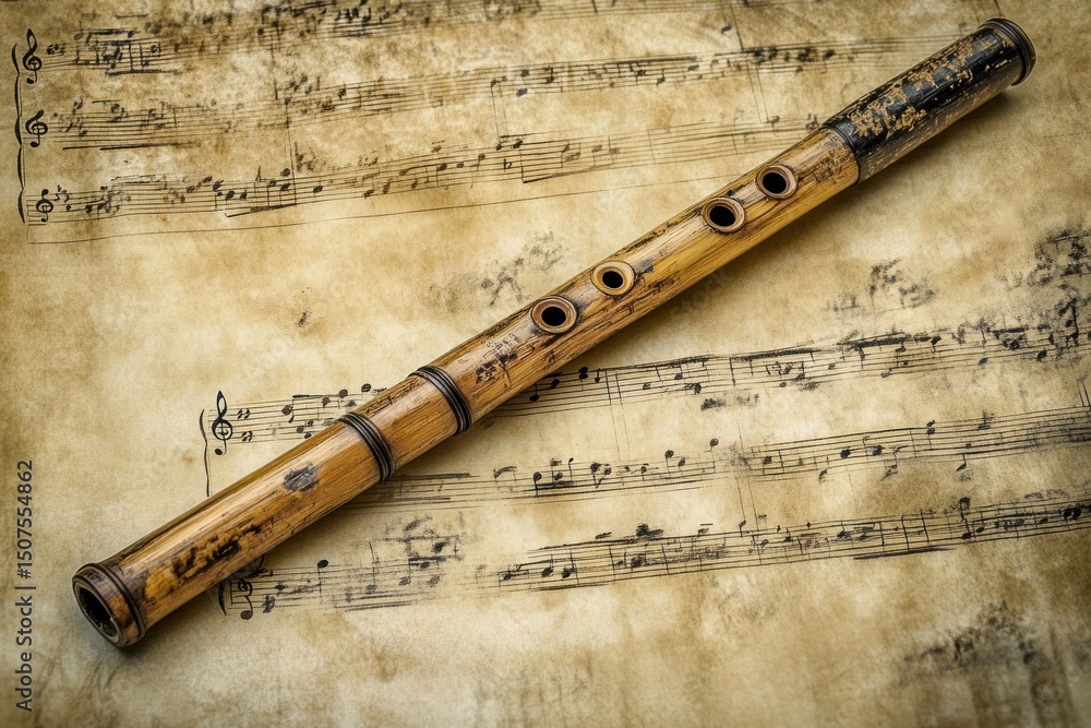Fototapeta premium Bamboo flute on vintage sheet music